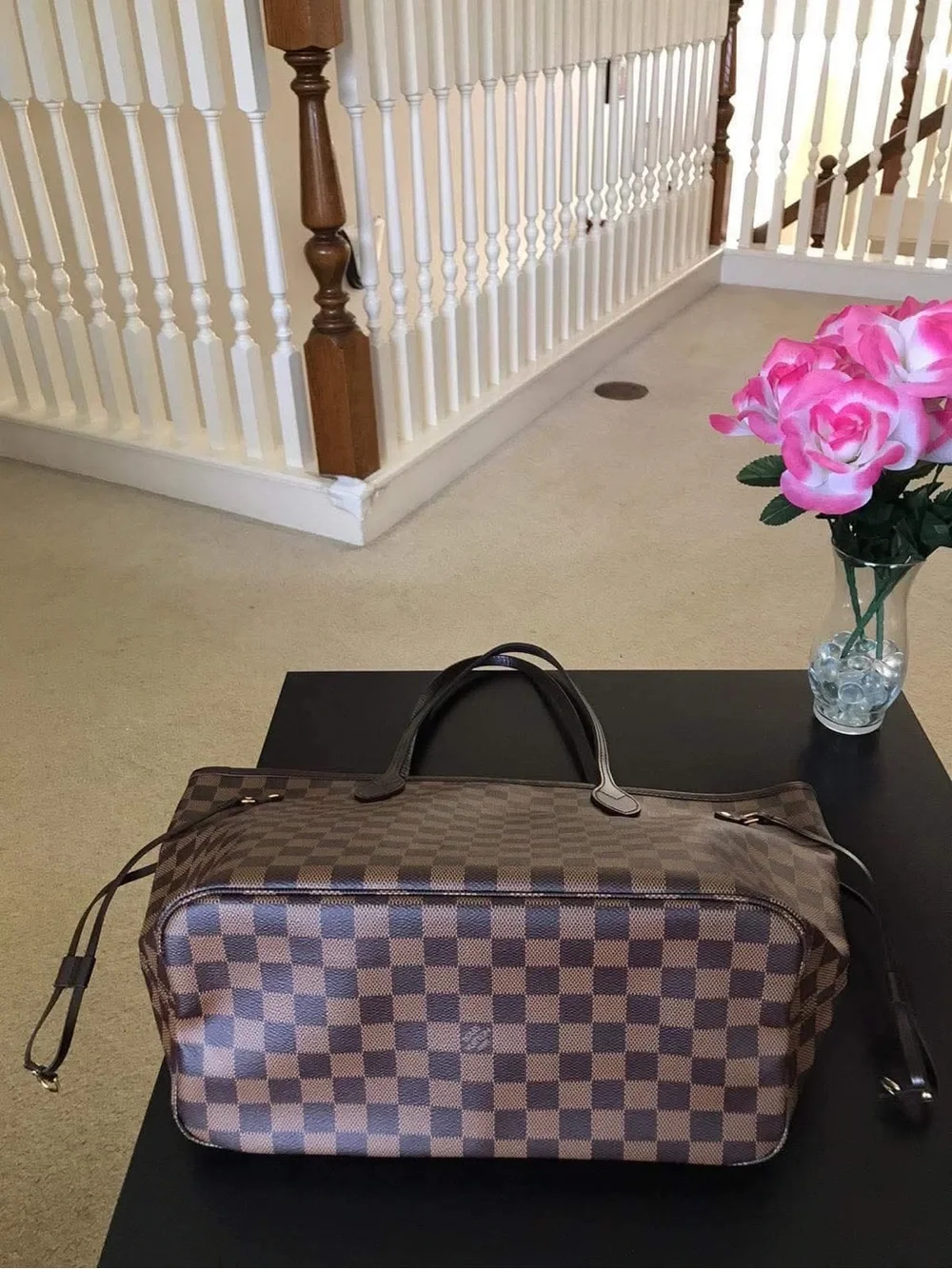 Louis Vuitton Brown Damier Tote with Red Interior